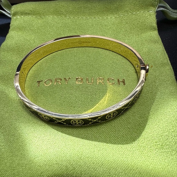 Tory Burch Jewelry - Tory Burch Black Enamel & Gold Logo Hinged Bangle